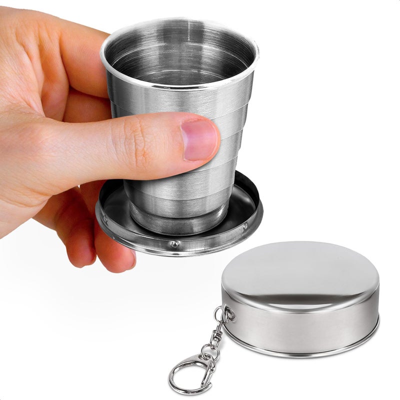 DIMROM Collapsible Travel Cup with Lid 2.5Oz (75ml) - Leak-Proof Ð¡ollapsible Shot Glass Keychain, Highly Portable, Made of Rust & Bend Resistant Stainless Steel - Foldable Cup for Traveling, Fishing, Camping - Image 1